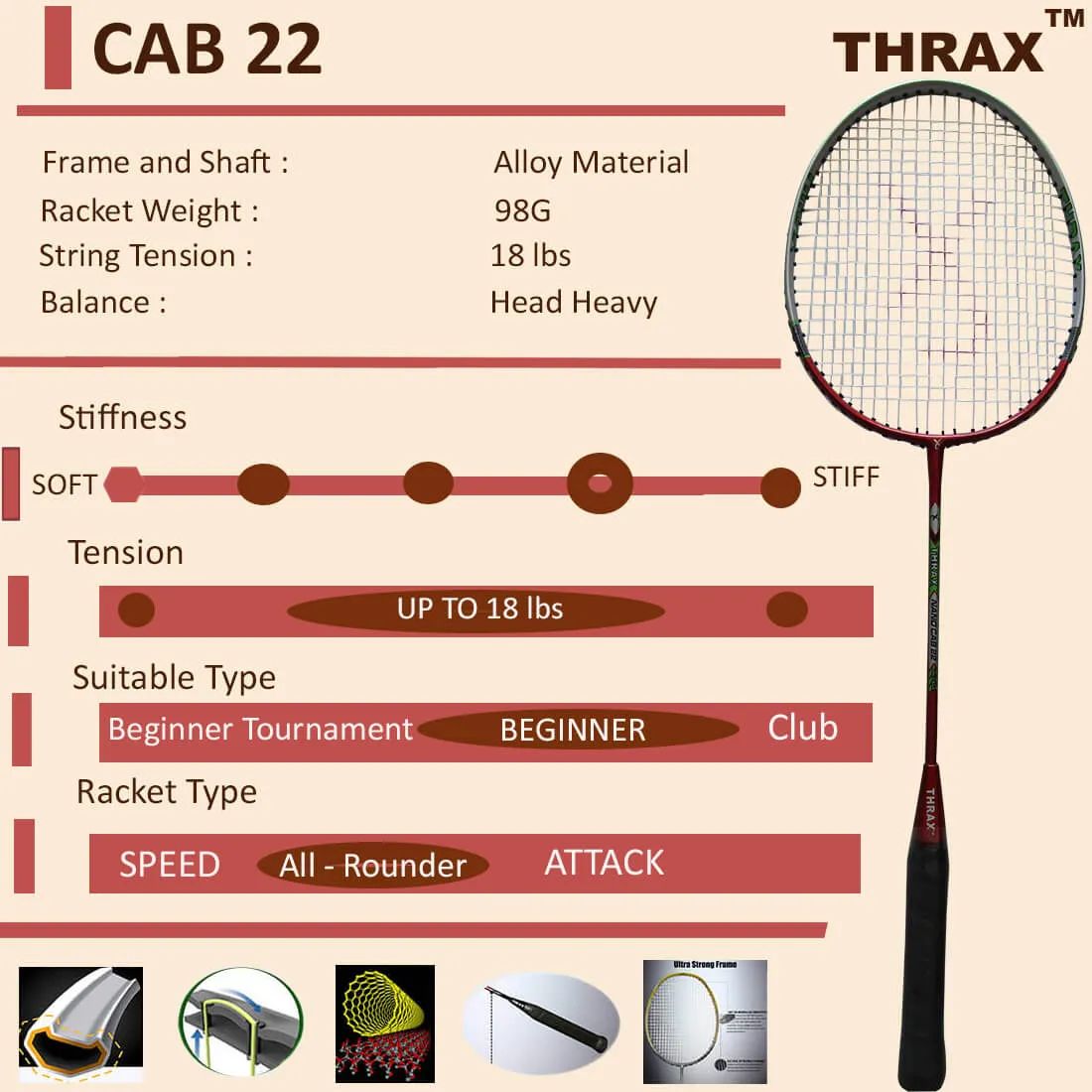 Thrax_CAB_22_Badminton_Racket_Technical_Specification_Red