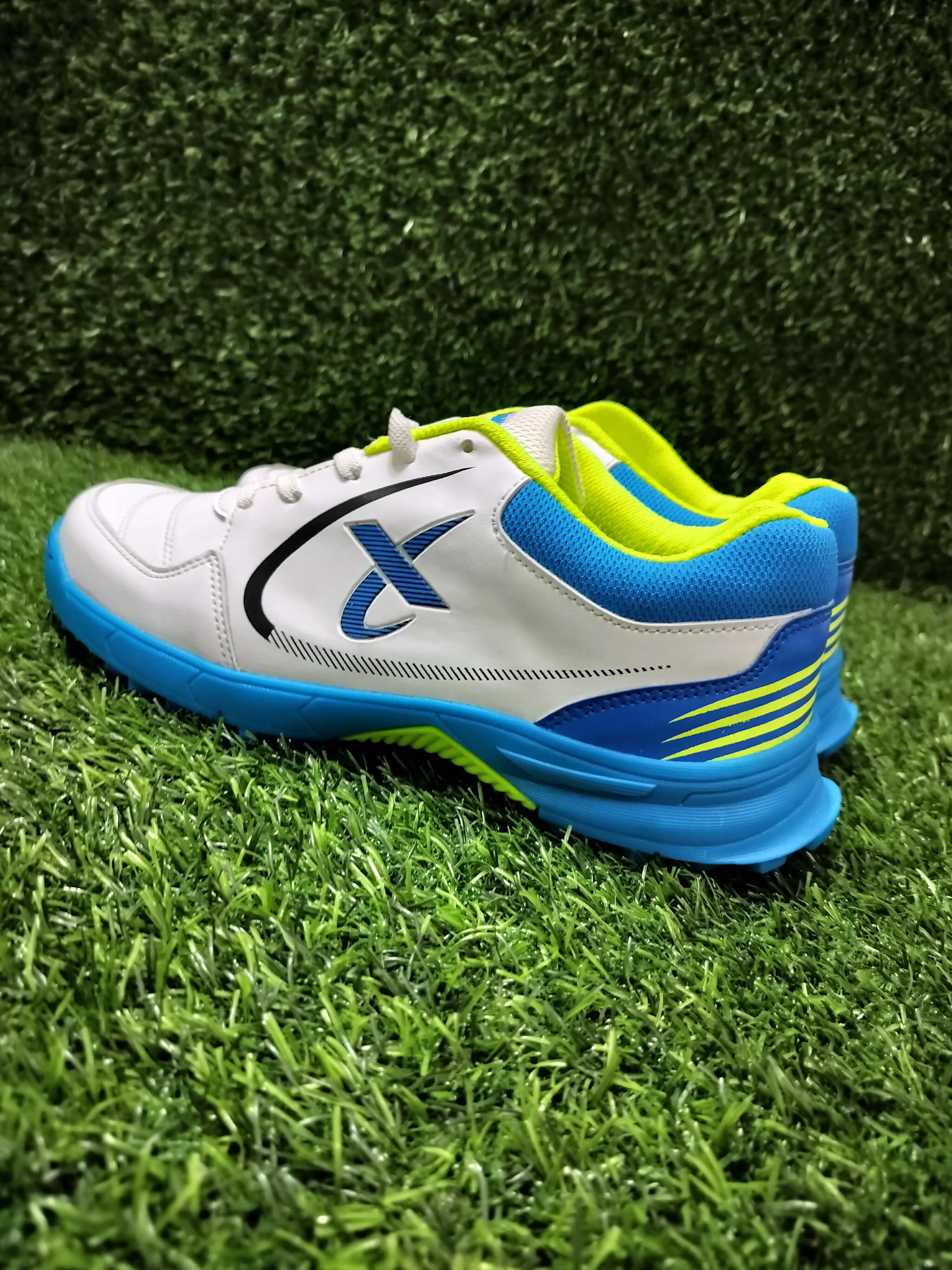 Thrax Power Boost Cricket Stud Shoes White Sky Blue Neon Green